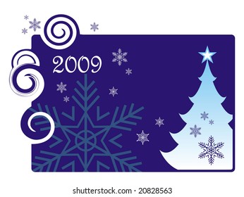 Horizontal Christmas composition with spirals. The composition centre is the fur-tree and a star. Near to a fur-tree small and big snowflakes are located.
