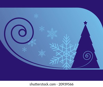 Horizontal Christmas composition with spirals. The composition centre is the fur-tree and a star. Near to a fur-tree small and big snowflakes are located.