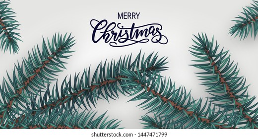 Horizontal Christmas design for cards, web banners, posters, flyers etc. Vector illustration in realistic style with hand-drawn lettering