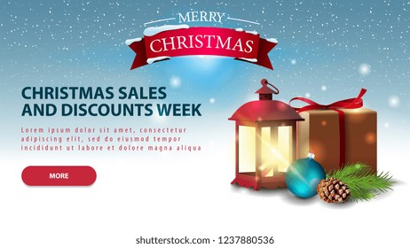 Horizontal Christmas discount banner with button, gifts, old lamp and Christmas logo