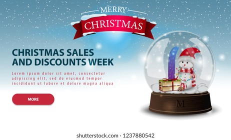 Horizontal Christmas Discount Banner With Button, Snow Globe With Snowman And Christmas Logo