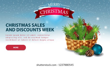 Horizontal Christmas discount banner with button, basket with Christmas tree branch and Christmas logo
