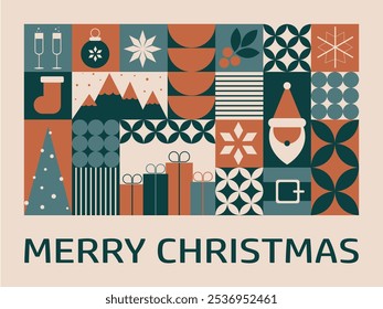 Horizontal Christmas greeting card with mosaic elements. Geometric Christmas banner with traditional symbols. Vector illustration