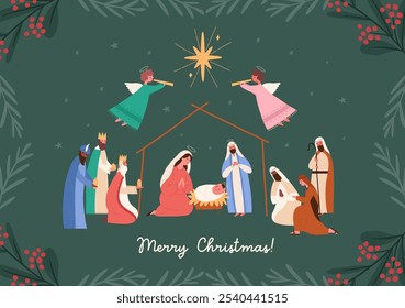 Horizontal Christmas greeting card with nativity scene, cartoon flat vector illustration. Baby Jesus with virgin Mary and Joseph, three shepherds and kings with gifts.