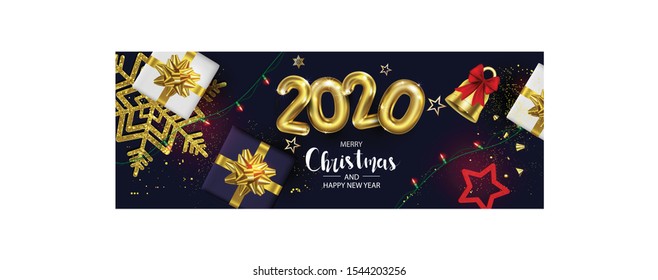 Horizontal Christmas and Happy New Year banner Xmas sparkling lights garland with gifts box greeting cards, headers, website Objects viewed from above. Flat lay, Top view elements for promotion Isolat