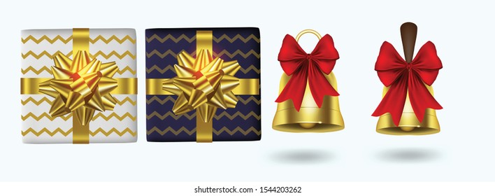 Horizontal Christmas and Happy New Year banner Xmas sparkling lights garland with gifts box greeting cards, headers, website Objects viewed from above. Flat lay, Top view elements for promotion Isolat