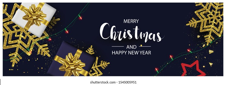 Horizontal Christmas and Happy New Year banner Xmas sparkling lights garland with gifts box greeting cards, headers, website Objects viewed from above. Flat lay, Top view elements for promotion Isolat