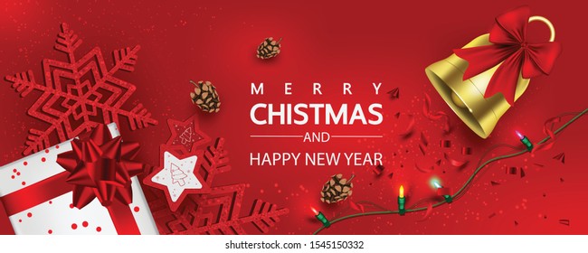 Horizontal Christmas and Happy New Year banner Xmas sparkling lights garland with gifts box greeting cards, headers, website Objects viewed from above. Flat lay, Top view elements for promotion Isolat