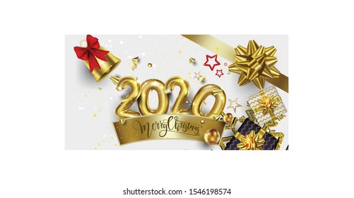 Horizontal Christmas and Happy New Year banner Xmas sparkling lights garland with gifts box greeting cards, headers, website Objects viewed from above. Flat lay, Top view elements for promotion