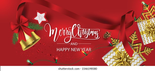 Horizontal Christmas and Happy New Year banner Xmas sparkling lights garland with gifts box greeting cards, headers, website Objects viewed from above. Flat lay, Top view elements for promotion 