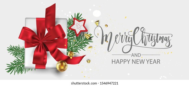 Horizontal Christmas and Happy New Year banner Xmas sparkling lights garland with gifts box greeting cards, headers, website Objects viewed from above. Flat lay,Top view elements for promotion isolate