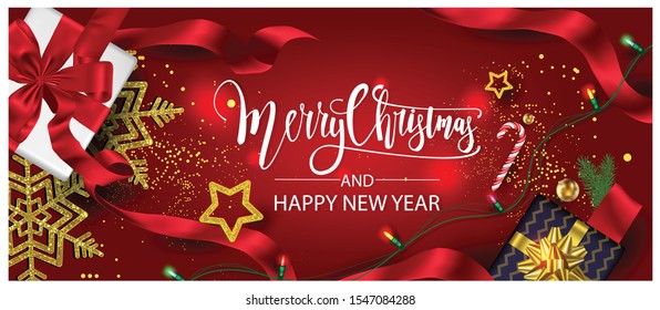 Horizontal Christmas and Happy New Year banner Xmas sparkling lights garland with gifts box greeting cards, headers, website Objects viewed from above. Flat lay,Top view elements for promotion isolate