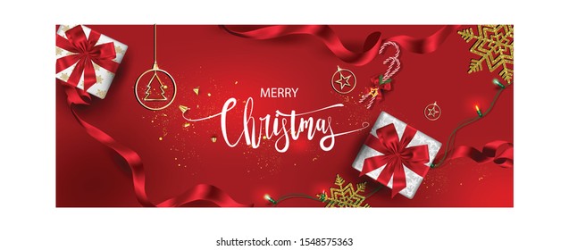 Horizontal Christmas and Happy New Year banner Xmas sparkling lights garland with gifts box greeting cards, headers, website Objects viewed from above. Flat lay,Top view elements for promotion isolate