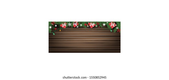 Horizontal Christmas and Happy New Year banner Xmas sparkling lights garland with gifts box greeting cards, headers, website Objects viewed from above. Flat lay,Top view elements for promotion isolate
