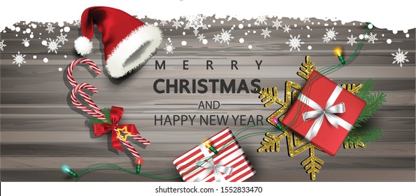 Horizontal Christmas and Happy New Year banner Xmas sparkling lights garland with gifts box greeting cards, headers, website Objects viewed from above. Flat lay,Top view elements for promotion 
