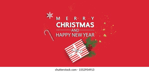 Horizontal Christmas and happy new year banner Xmas sparkling lights garland with gifts box greeting cards, headers, website Objects viewed from above. Flat lay,Top view elements for promotion