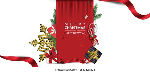 Horizontal Christmas and Happy New Year banner Xmas sparkling lights garland with gifts box greeting cards, headers, website Objects viewed from above. Flat lay,Top view elements for promotion 
