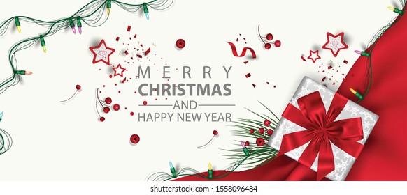 Horizontal Christmas and Happy New Year banner Xmas sparkling lights garland with gifts box greeting cards, headers, website Objects viewed from above. Flat lay,Top view elements for promotion 
