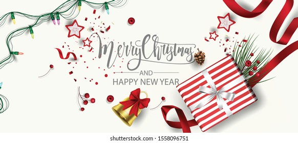 Horizontal Christmas and Happy New Year banner Xmas sparkling lights garland with gifts box greeting cards, headers, website Objects viewed from above. Flat lay,Top view elements for promotion 

