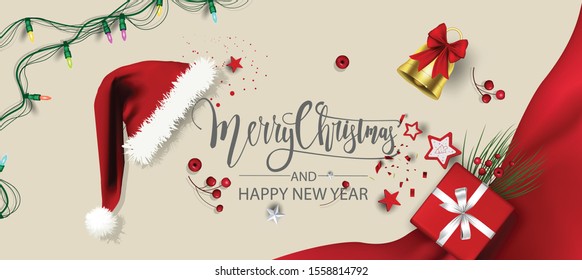 Horizontal Christmas and Happy New Year banner Xmas sparkling lights garland with gifts box greeting cards, headers, website Objects viewed from above. Flat lay,Top view elements for promotion 
