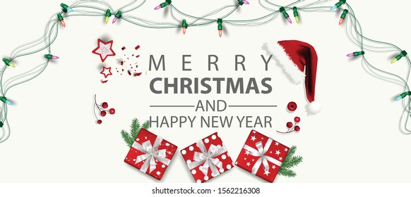 Horizontal Christmas and Happy New Year banner Xmas sparkling lights garland with gifts box greeting cards, headers, website Objects viewed from above. Flat lay,Top view elements for promotion 
