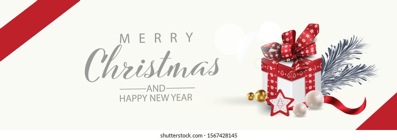 Horizontal Christmas and Happy New Year banner Xmas sparkling lights garland with gifts box greeting cards, headers, website Objects viewed from above. Flat lay,Top view elements for promotion