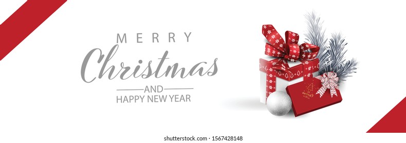 Horizontal Christmas and Happy New Year banner Xmas sparkling lights garland with gifts box greeting cards, headers, website Objects viewed from above. Flat lay,Top view elements for promotion
