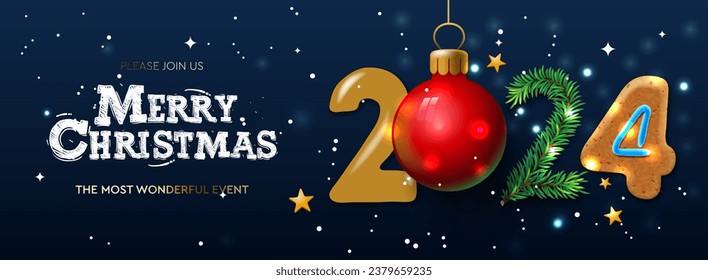 Horizontal  Christmas and Happy New Year 2024 banner. Holiday posters, cards, headers, website. Vector illustration