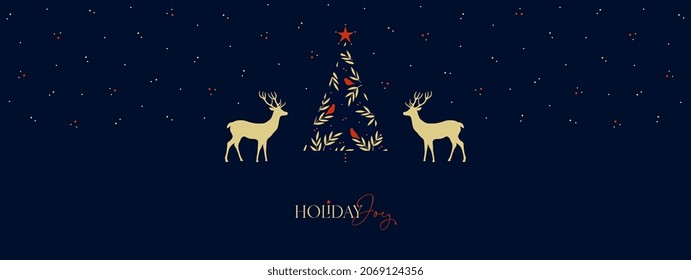 Horizontal Christmas, Holiday border with decorative Christmas Tree, reindeers, birds and greetings. Merry xmas header or banner. Wallpaper or backdrop decor.