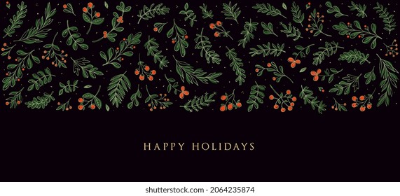 Horizontal Christmas, Holiday border with ornate floral motives and greetings. Universal modern line art florals. Merry xmas header or banner. Wallpaper or backdrop decor.