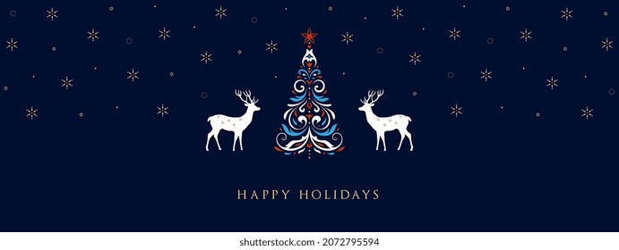 Horizontal Christmas, Holiday border with ornate Christmas Tree, reindeers and greetings. Merry xmas header or banner. Wallpaper or backdrop decor.