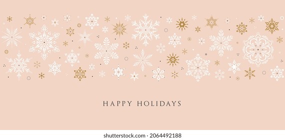 Horizontal Christmas, Holiday Border With Snowflakes And Greetings. Merry Xmas Snowflake Header Or Banner. Universal Modern Line Art Background. Wallpaper Or Backdrop Decor.