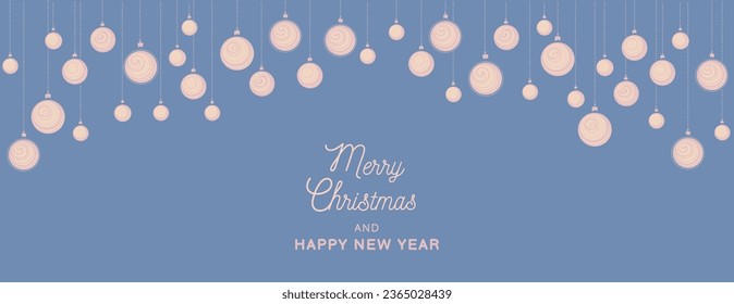 Horizontal Christmas, Holiday border with text space. Vector Christmas balls on the blue fon. Suitable for email header, post in social networks, advertising, events and page cover, banner, background