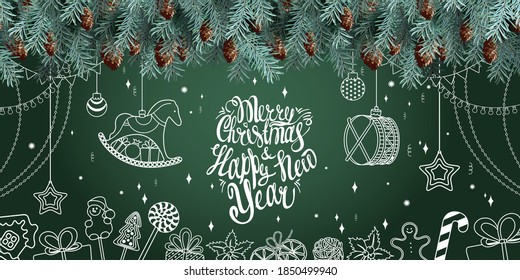 Horizontal Christmas illustration. Spruce branches, gifts boxes and balls, garland on the green background. Template for posters, banner, cards, headers, website. Lettering