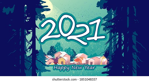 horizontal christmas illustration, village landscape among forest trees, new year card with numbers 2021, calendar