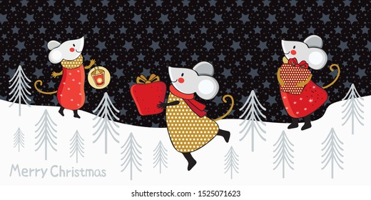 Horizontal Christmas and new year banner or card with funny cartoon mice in gold, red, and silver. Winter forest on the background of the starry sky. Funny mice in vector.  Chinese symbol 2020. Doodle