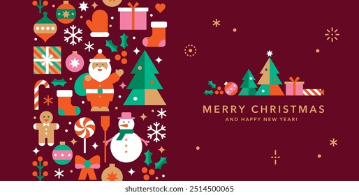 Horizontal Christmas and New Year banner template for card.Seamless vertical winter border with icons in abstract modern geometric flat style.Happy holidays.Season's greetings.Vector illustration.