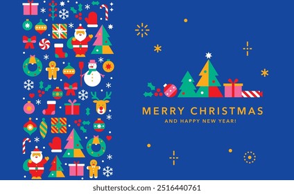 Horizontal Christmas and New Year banner template for card, invitation or advertising.Seamless vertical border with icons in abstract modern flat style.Happy holidays.Winter wishes.Vector illustration