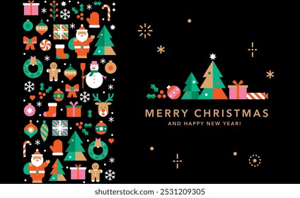 Horizontal Christmas and New Year banner template for card, invitation or advertising.Seamless vertical border with icons in abstract modern flat style.Happy holidays.Winter wishes.Vector illustration