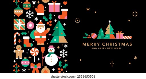 Horizontal Christmas and New Year banner template for card, invitation or advertising.Seamless vertical border with icons in abstract modern flat style.Happy holidays.Winter wishes.Vector illustration