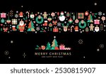 Horizontal Christmas and New Year banner.Seamless border with winter icons in abstract modern geometric flat style.Template for card, invitation or advertising.Happy holidays.Vector illustration.