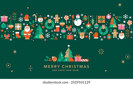 Horizontal Christmas and New Year banner.Seamless border with winter icons in abstract modern geometric flat style.Template for card, invitation or advertising.Happy holidays.Vector illustration.