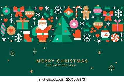 Horizontal Christmas and New Year banner.Seamless border with winter icons in abstract modern geometric flat style.Template for card, invitation or advertising.Happy holidays.Vector illustration.