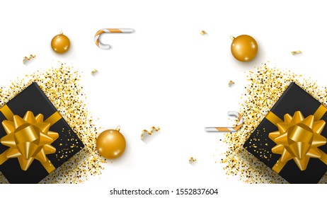 Horizontal Christmas or New Year template for your arts with copy space. Holiday banner with realistic gift boxes, glitter tinsel, golden balls and foil. Holiday poster, greeting card, header, website