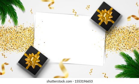 Horizontal Christmas or New Year template for your arts with copy space. Realistic gift boxes, glitter gold tinsel, pine or fir branches and falling gold foil. Holiday poster, greeting card, header
