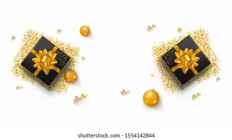 Horizontal Christmas or New Year template for your arts with copy space. Holiday banner with realistic gift boxes, glitter tinsel, golden balls and foil. Holiday poster, greeting card, header, website