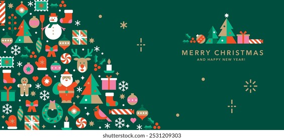 Modelo horizontal de Natal e Ano Novo para banner, cartão, convite ou publicidade. Ícones em estilo plano moderno abstrato. Feliz feriado. Desejos de inverno. Ilustração vetorial.