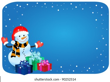 Horizontal Christmas or New Year's background with the snowman, gift boxes and a place for the text. A vector illustration.