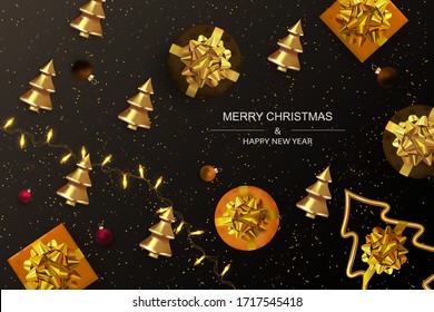 Horizontal christmas poster. New Year Background with Sparkling, Abstract Gold Christmas Trees and gift boxes