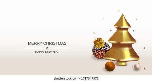 Horizontal christmas poster. New Year Background with Sparkling, Abstract Gold Christmas Trees and balls